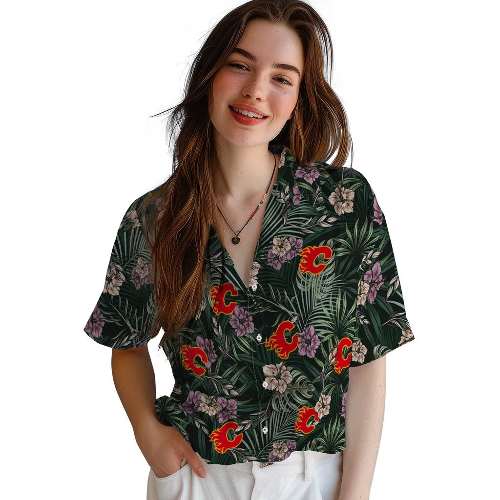 Calgary Flames Hawaiian Shirt - Hibiscus Leaves Pattern calgary flames hibiscus leaves pattern green hawaiian shirts latest model