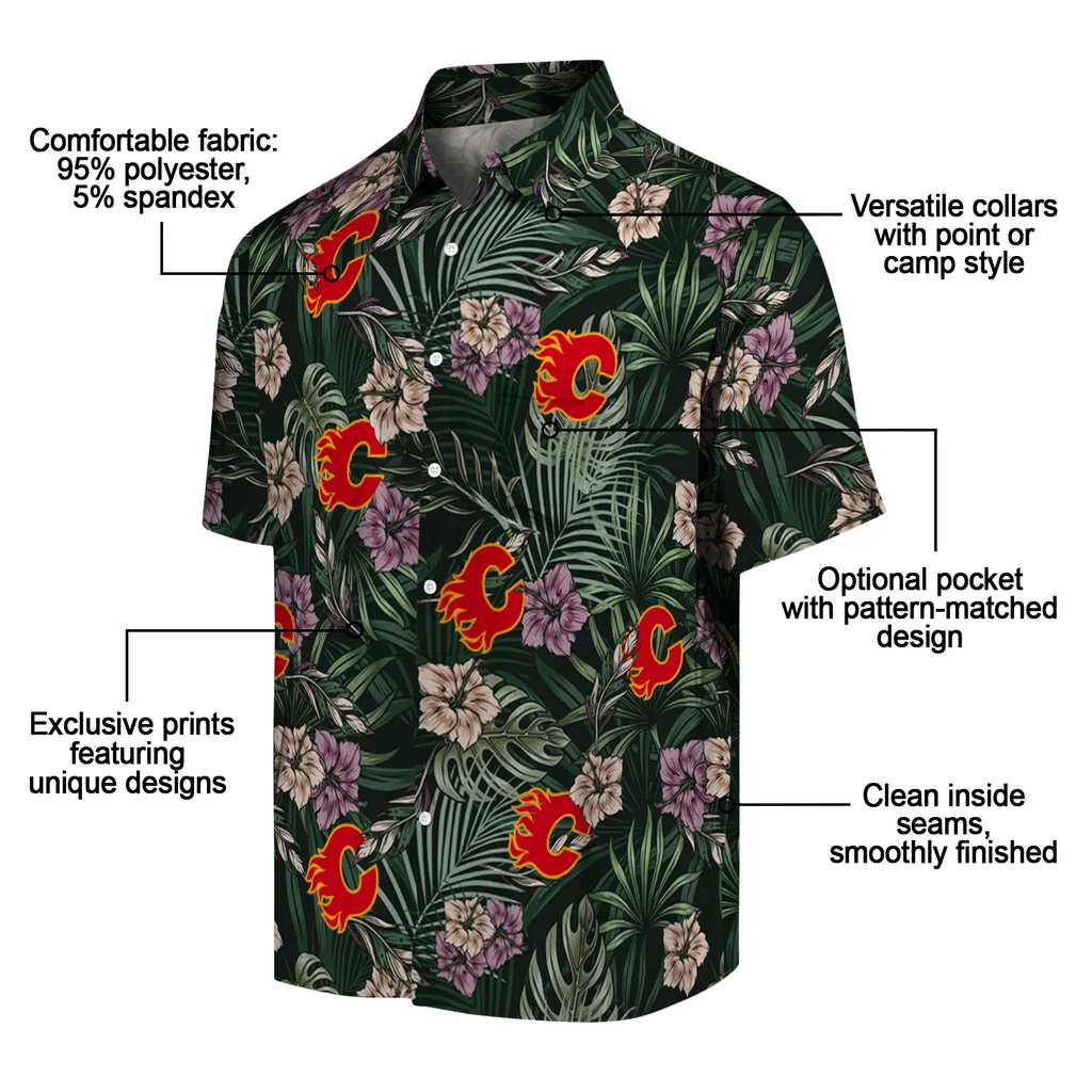 Calgary Flames Hawaiian Shirt - Hibiscus Leaves Pattern calgary flames hibiscus leaves pattern green hawaiian shirts new arrival
