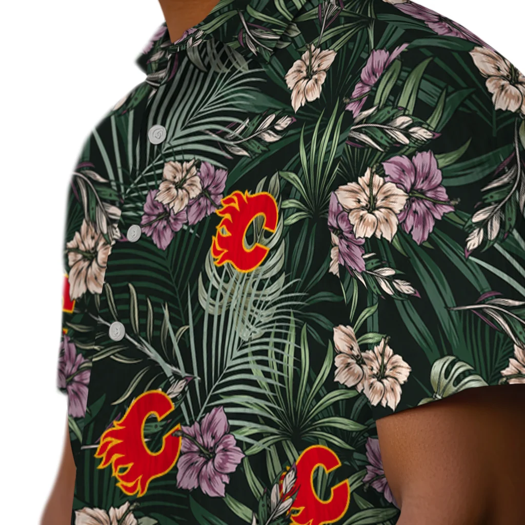 Calgary Flames Hawaiian Shirt - Hibiscus Leaves Pattern calgary flames hibiscus leaves pattern green hawaiian shirts trendy