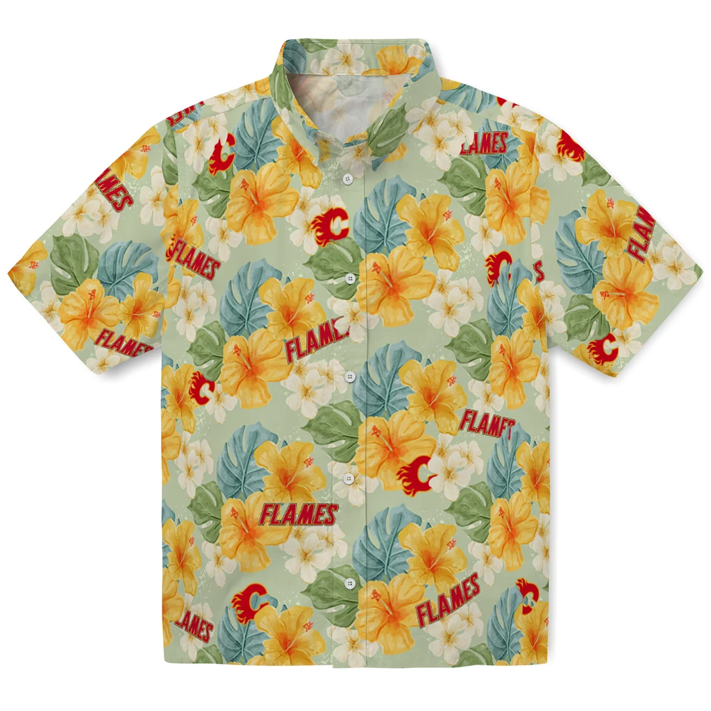 Calgary Flames Hawaiian Shirt - Hibiscus Mood calgary flames hibiscus mood pale lime yellow hawaiian shirts best selling
