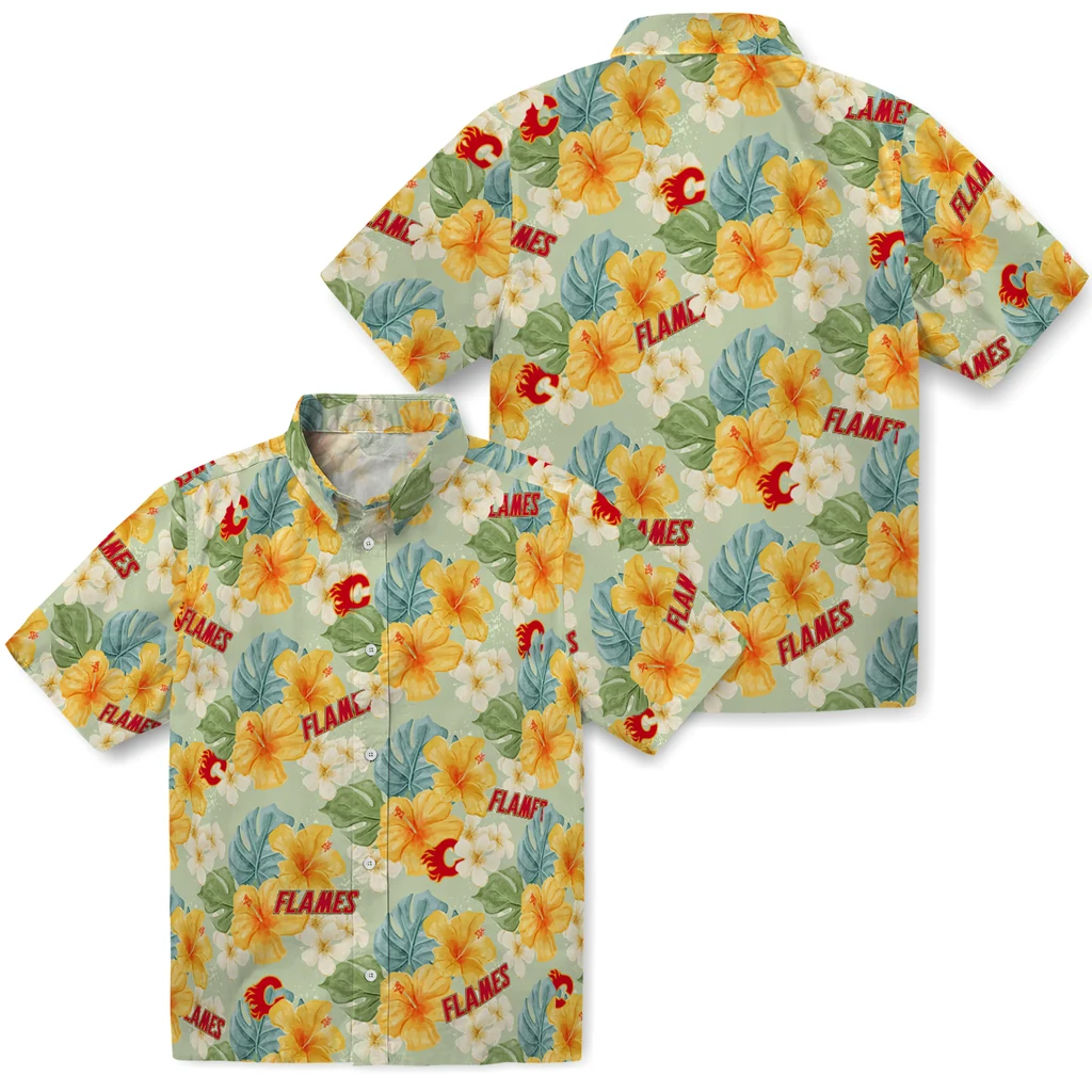 Calgary Flames Hawaiian Shirt - Hibiscus Mood calgary flames hibiscus mood pale lime yellow hawaiian shirts high quality