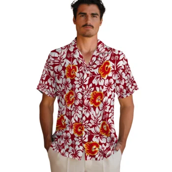 calgary flames hibiscus motif red white hawaiian shirts fashion forward
