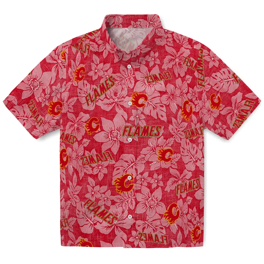 Calgary Flames Hawaiian Shirt - Hibiscus Oasis calgary flames hibiscus oasis red hawaiian shirts best selling