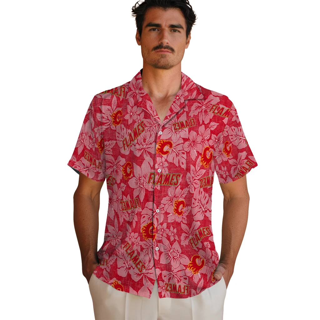 Calgary Flames Hawaiian Shirt - Hibiscus Oasis calgary flames hibiscus oasis red hawaiian shirts fashion forward