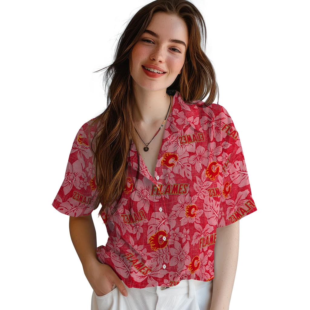 Calgary Flames Hawaiian Shirt - Hibiscus Oasis calgary flames hibiscus oasis red hawaiian shirts latest model