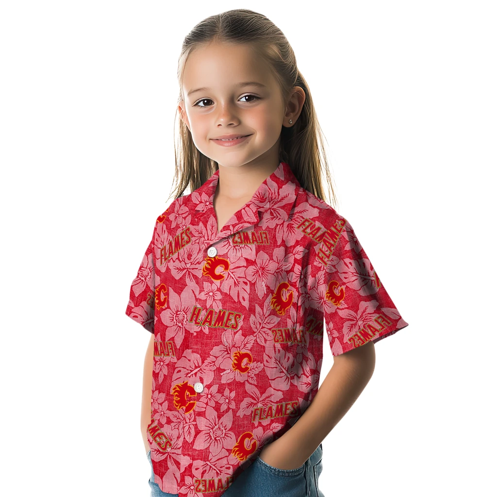 Calgary Flames Hawaiian Shirt - Hibiscus Oasis calgary flames hibiscus oasis red hawaiian shirts premium grade