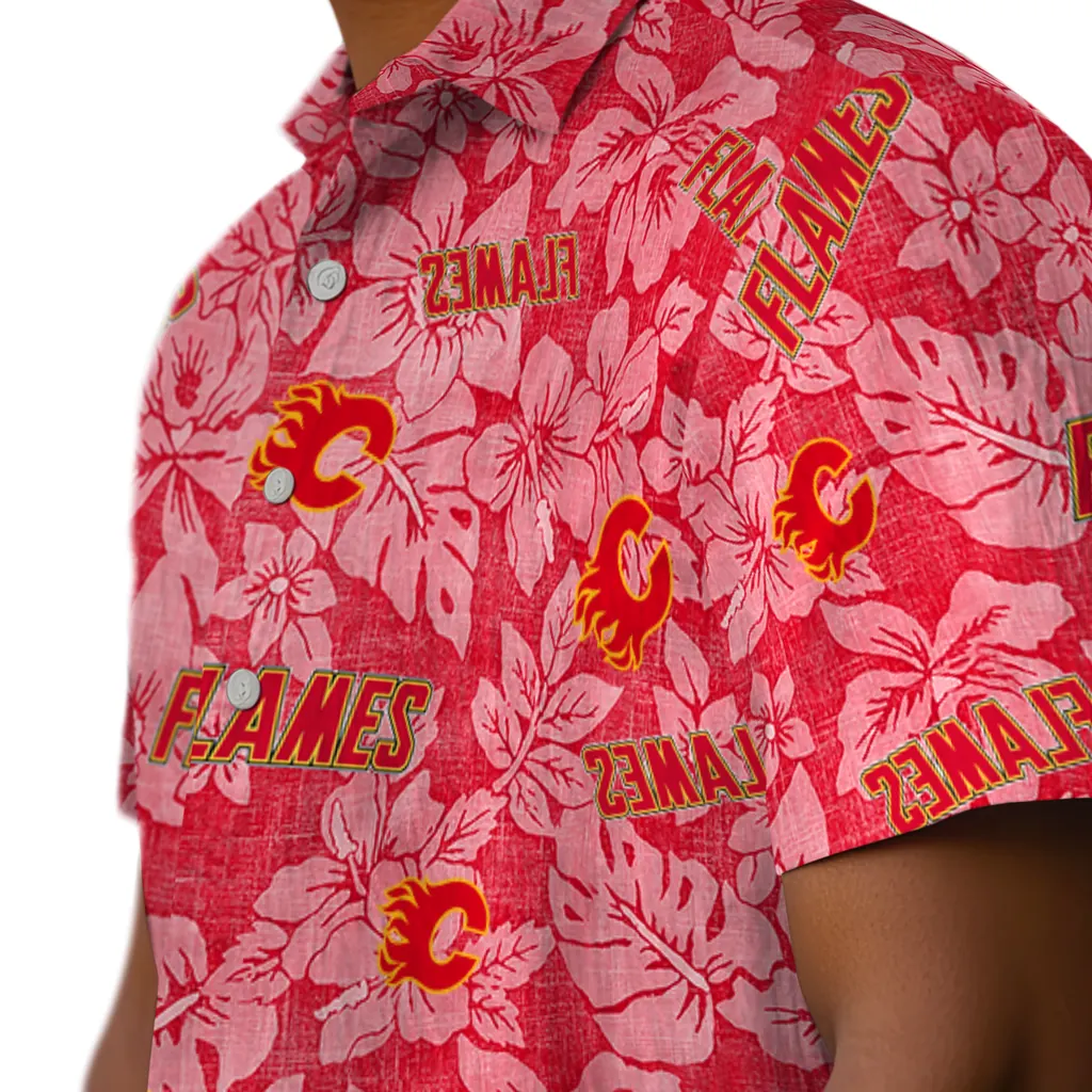 Calgary Flames Hawaiian Shirt - Hibiscus Oasis calgary flames hibiscus oasis red hawaiian shirts trendy