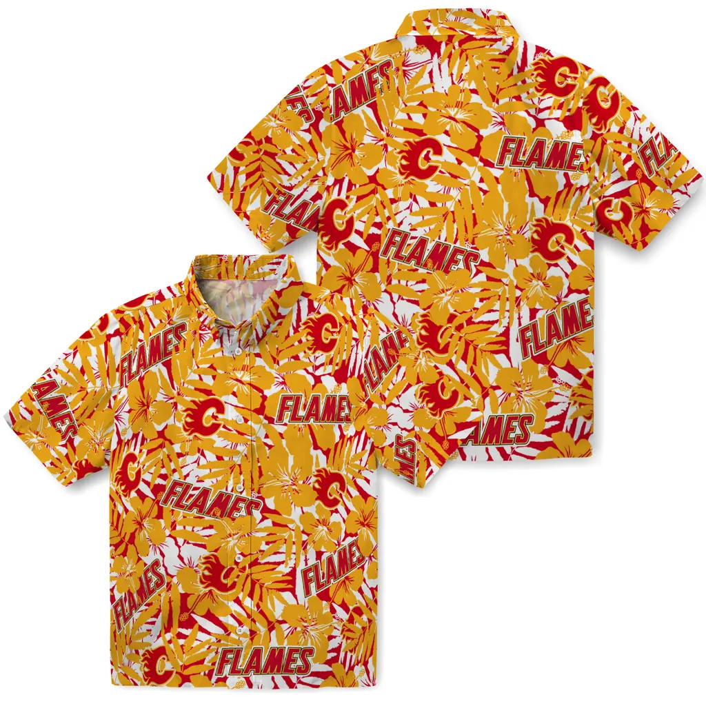 Calgary Flames Hawaiian Shirt - Hibiscus Overlay calgary flames hibiscus overlay hawaiian shirts high quality