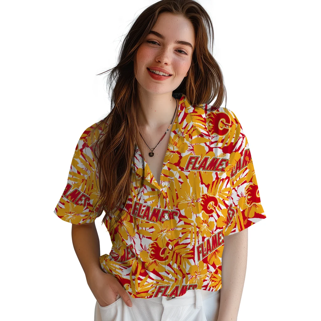 Calgary Flames Hawaiian Shirt - Hibiscus Overlay calgary flames hibiscus overlay hawaiian shirts latest model