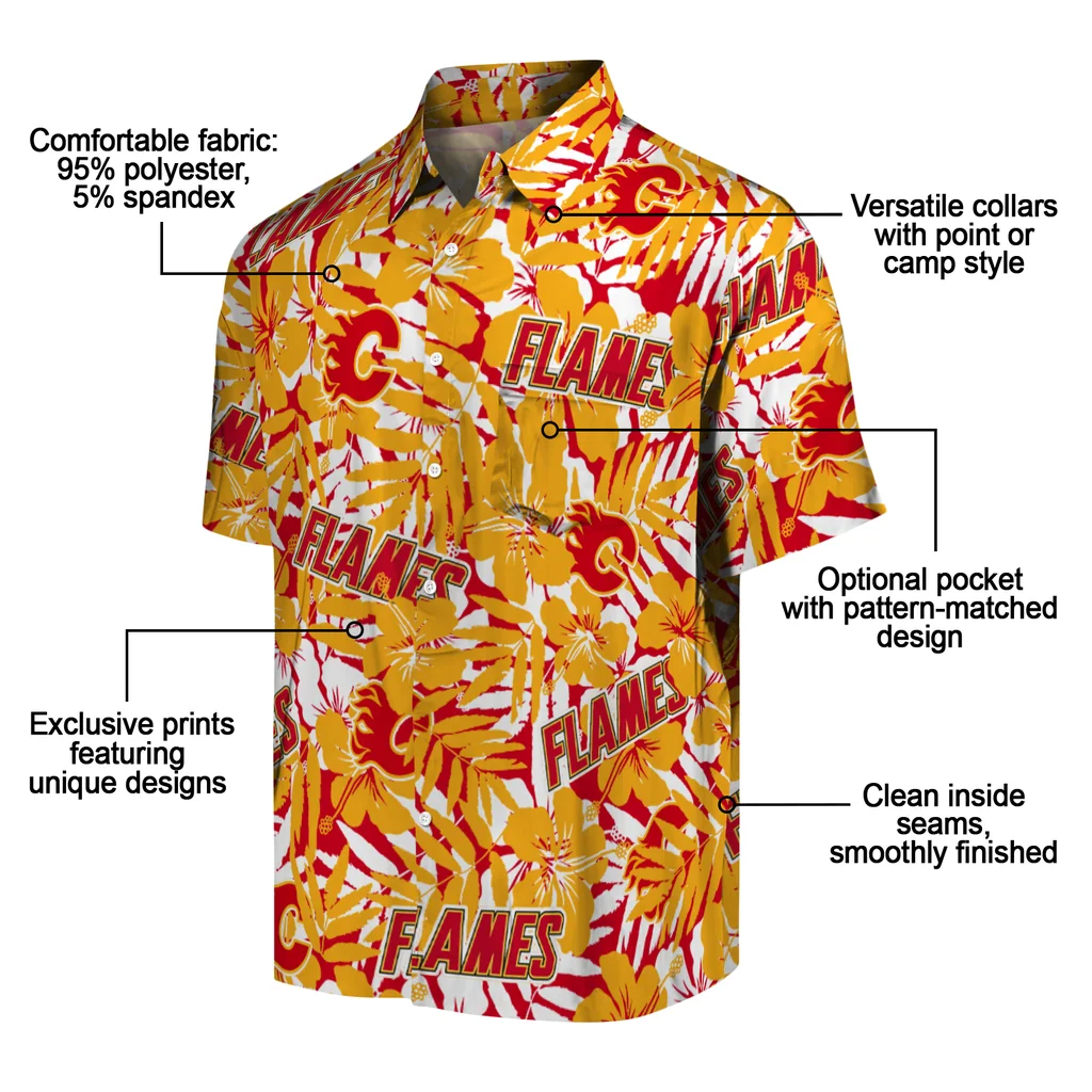 Calgary Flames Hawaiian Shirt - Hibiscus Overlay calgary flames hibiscus overlay hawaiian shirts new arrival