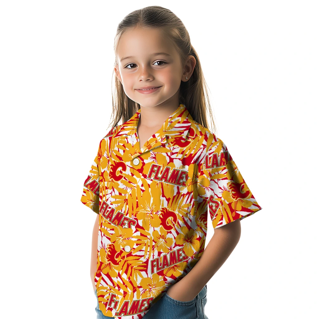 Calgary Flames Hawaiian Shirt - Hibiscus Overlay calgary flames hibiscus overlay hawaiian shirts premium grade