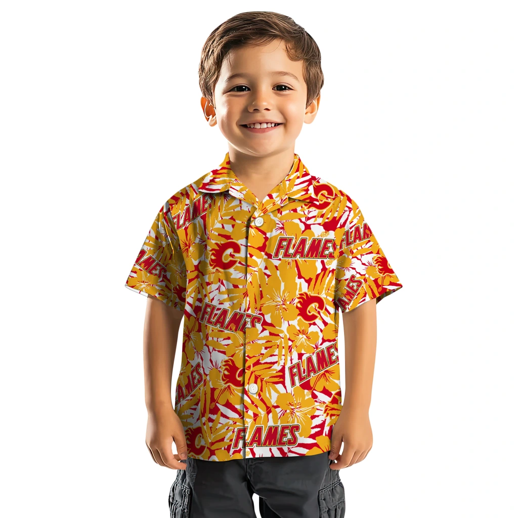 Calgary Flames Hawaiian Shirt - Hibiscus Overlay calgary flames hibiscus overlay hawaiian shirts top rated