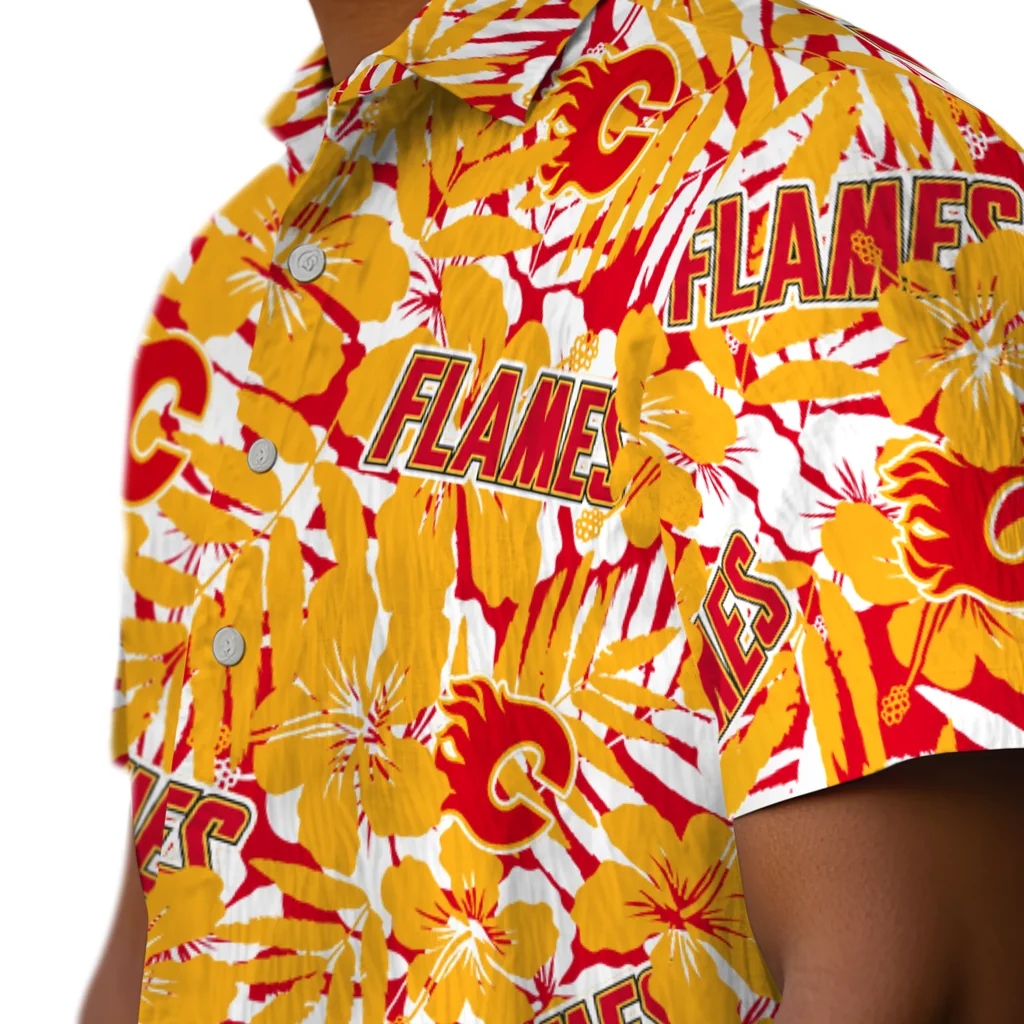 Calgary Flames Hawaiian Shirt - Hibiscus Overlay calgary flames hibiscus overlay hawaiian shirts trendy