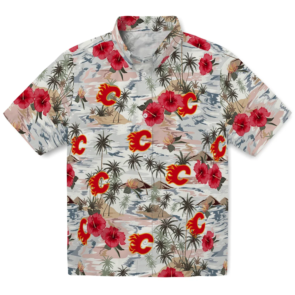 Calgary Flames Hawaiian Shirt - Hibiscus Seaside calgary flames hibiscus seaside white hawaiian shirts best selling