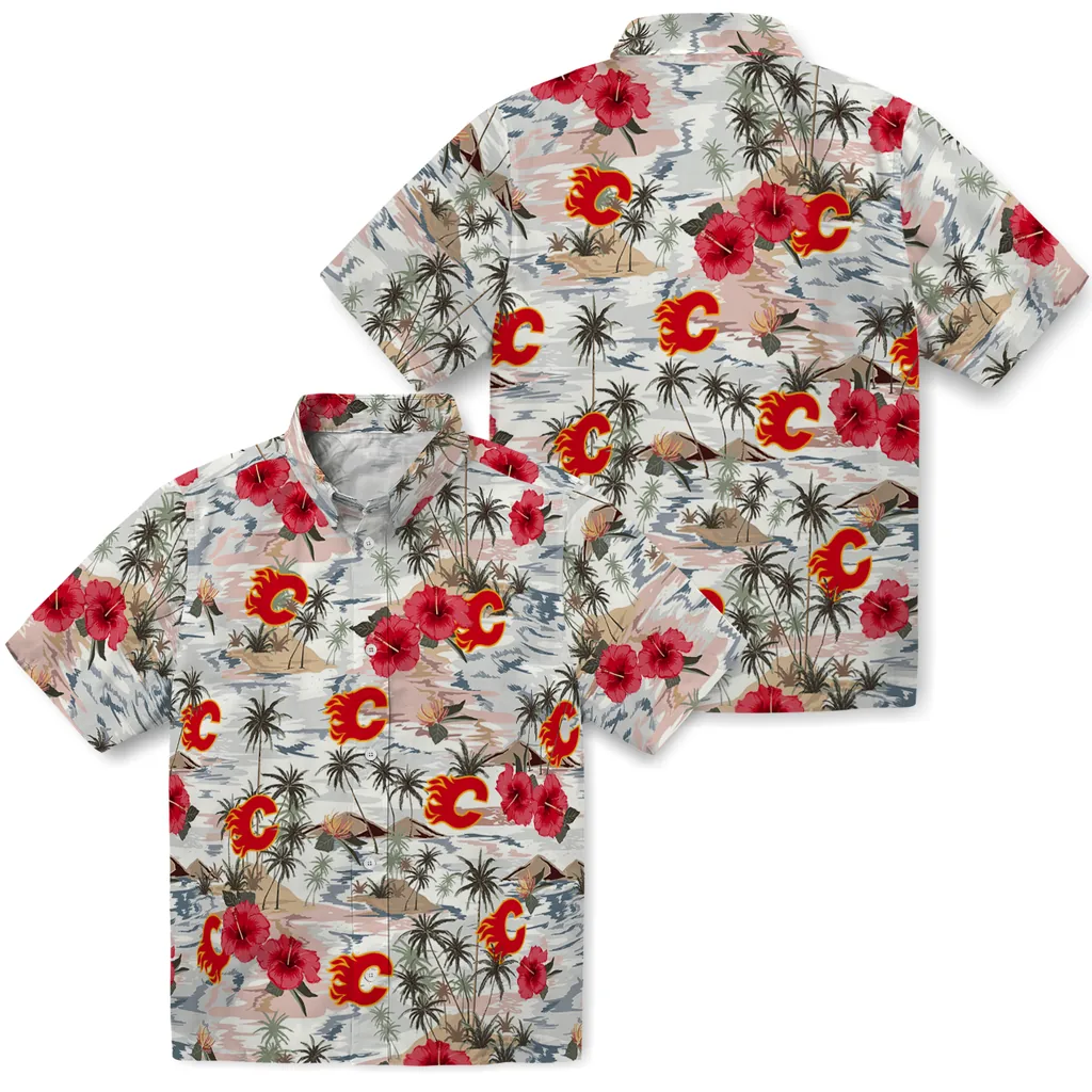 Calgary Flames Hawaiian Shirt - Hibiscus Seaside calgary flames hibiscus seaside white hawaiian shirts high quality