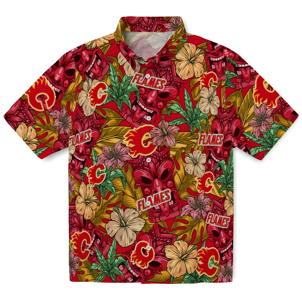 Calgary Flames Hawaiian Shirt - Hibiscus Tiki Jungle calgary flames tiki jungle red hawaiian shirts best selling