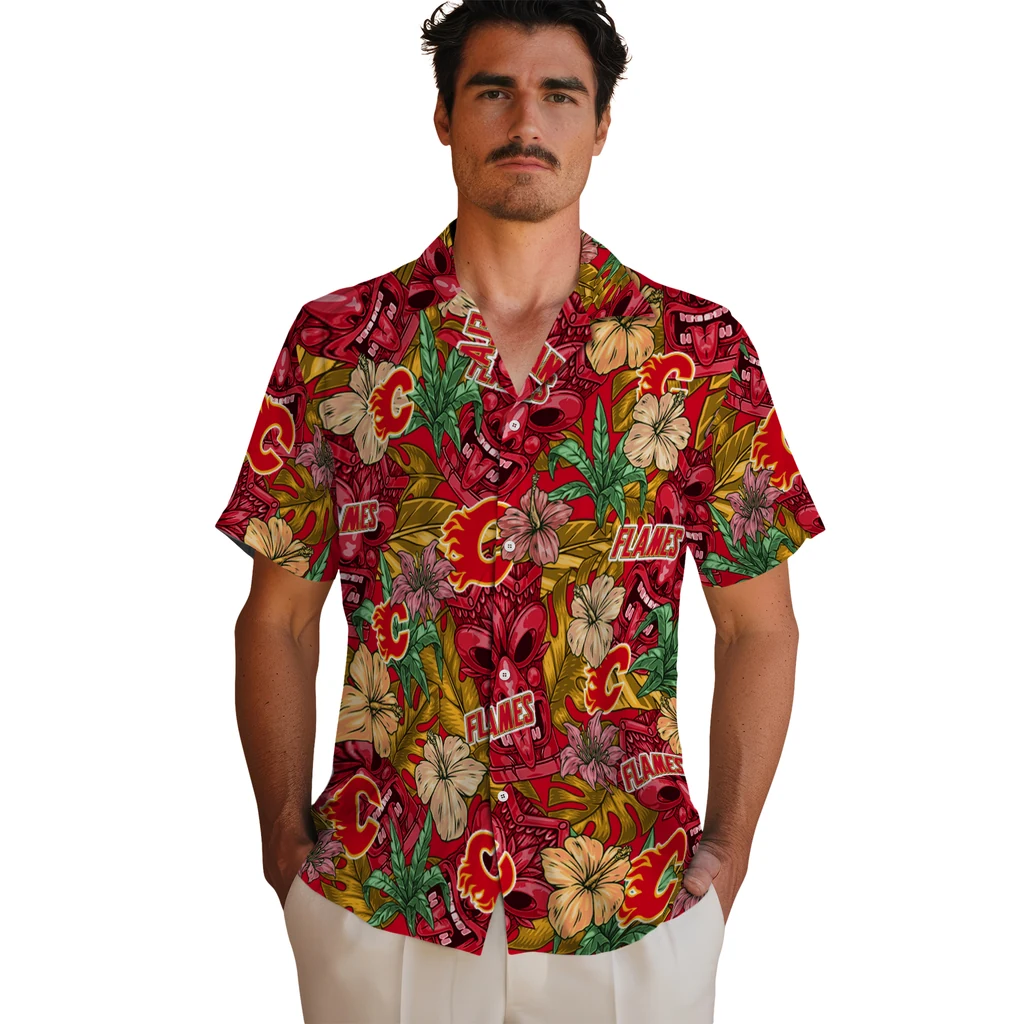 Calgary Flames Hawaiian Shirt - Hibiscus Tiki Jungle calgary flames tiki jungle red hawaiian shirts fashion forward