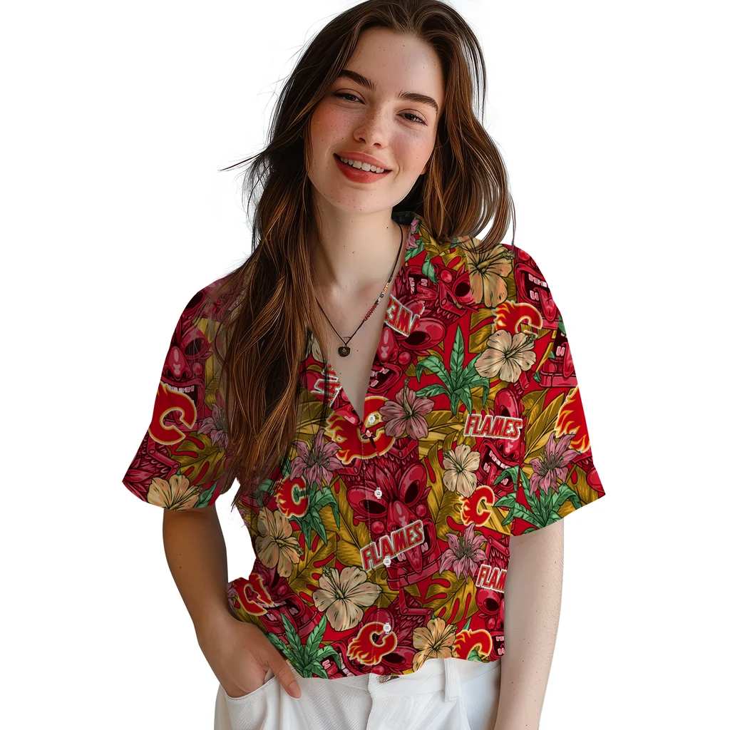 Calgary Flames Hawaiian Shirt - Hibiscus Tiki Jungle calgary flames tiki jungle red hawaiian shirts latest model