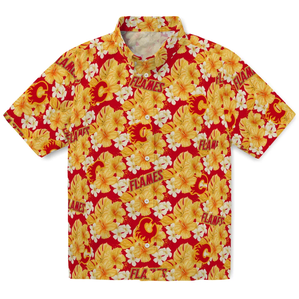 Calgary Flames Hawaiian Shirt - Hibiscus Tropics calgary flames hibiscus tropics red yellow hawaiian shirts best selling