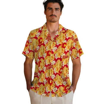 calgary flames hibiscus tropics red yellow hawaiian shirts fashion forward