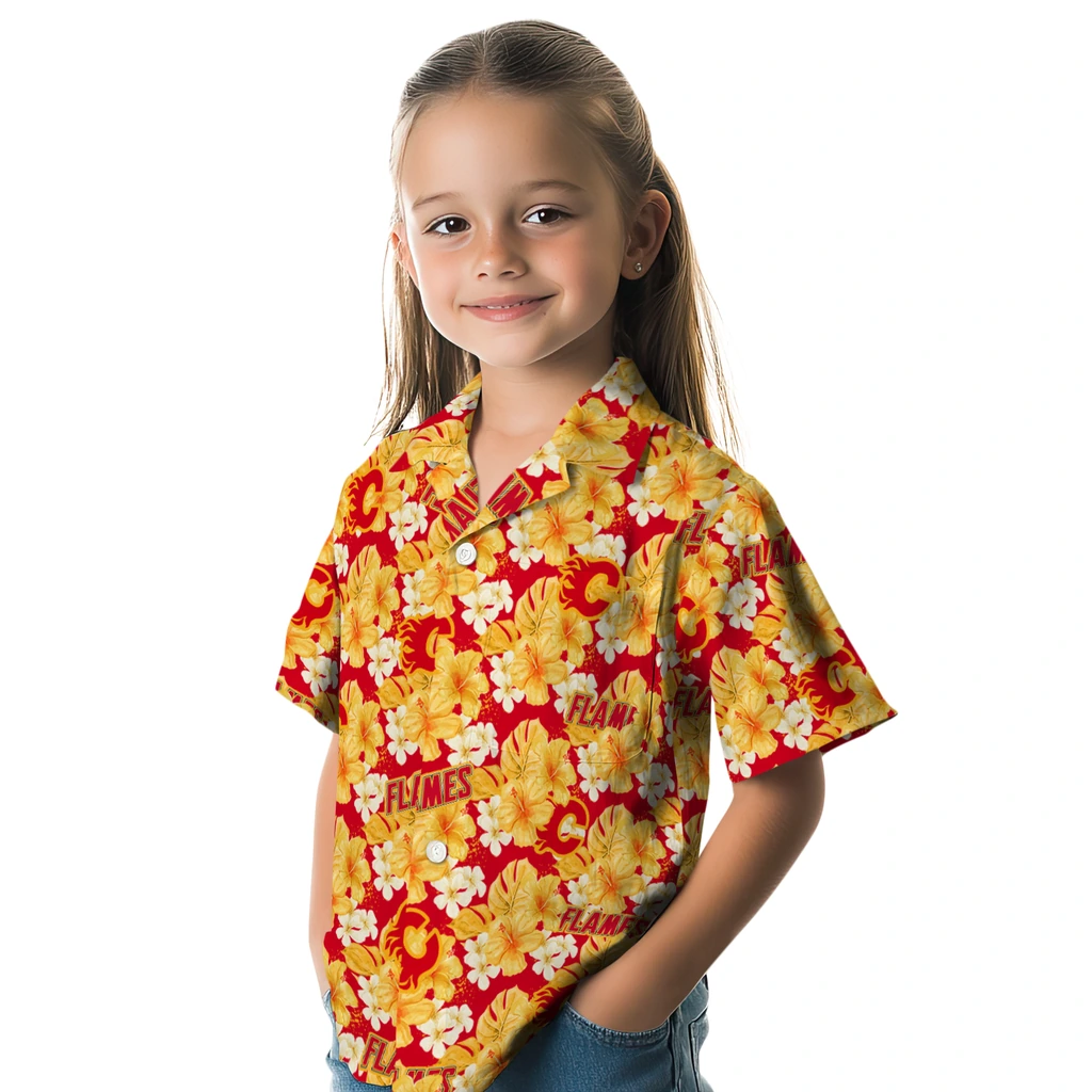 Calgary Flames Hawaiian Shirt - Hibiscus Tropics calgary flames hibiscus tropics red yellow hawaiian shirts premium grade