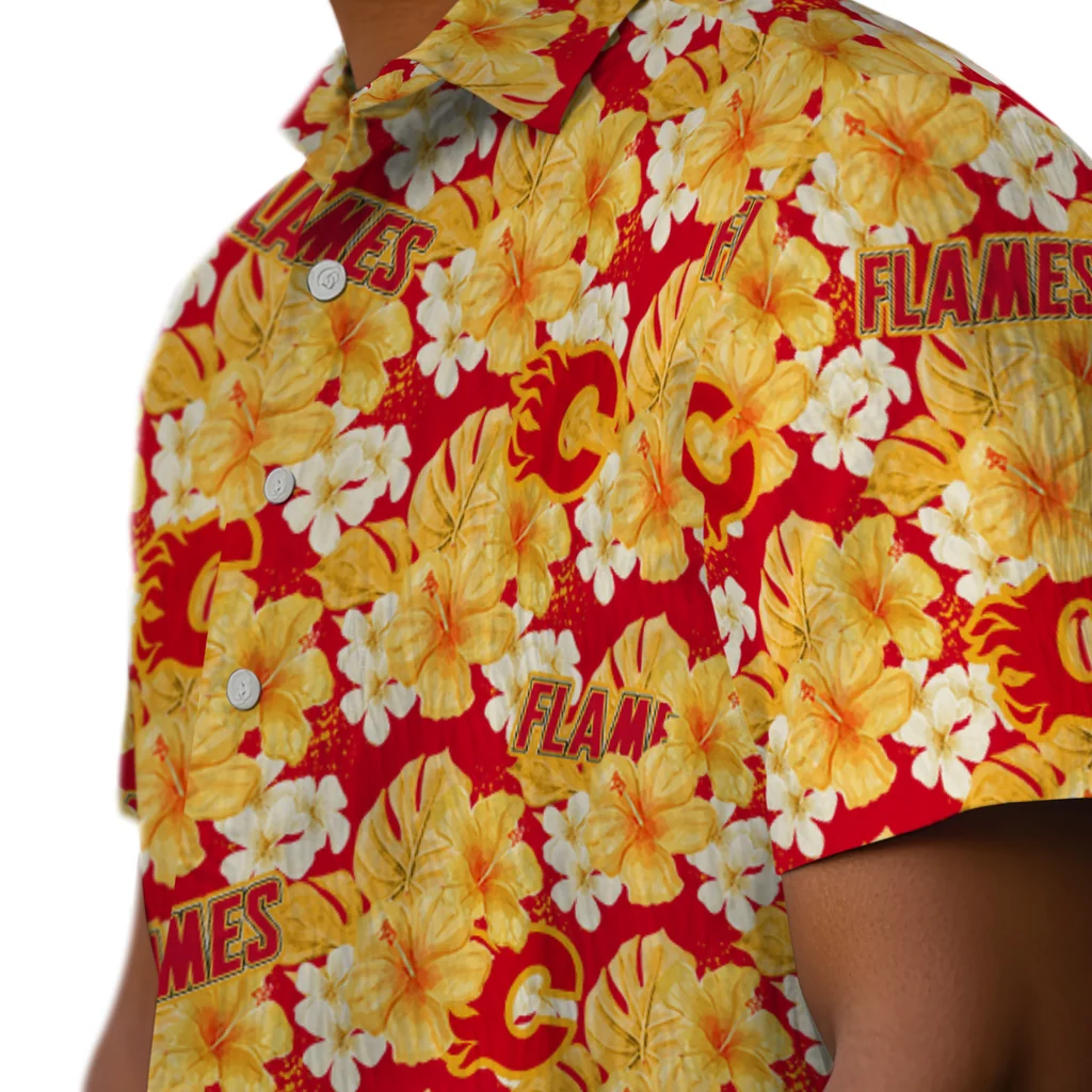 Calgary Flames Hawaiian Shirt - Hibiscus Tropics calgary flames hibiscus tropics red yellow hawaiian shirts trendy