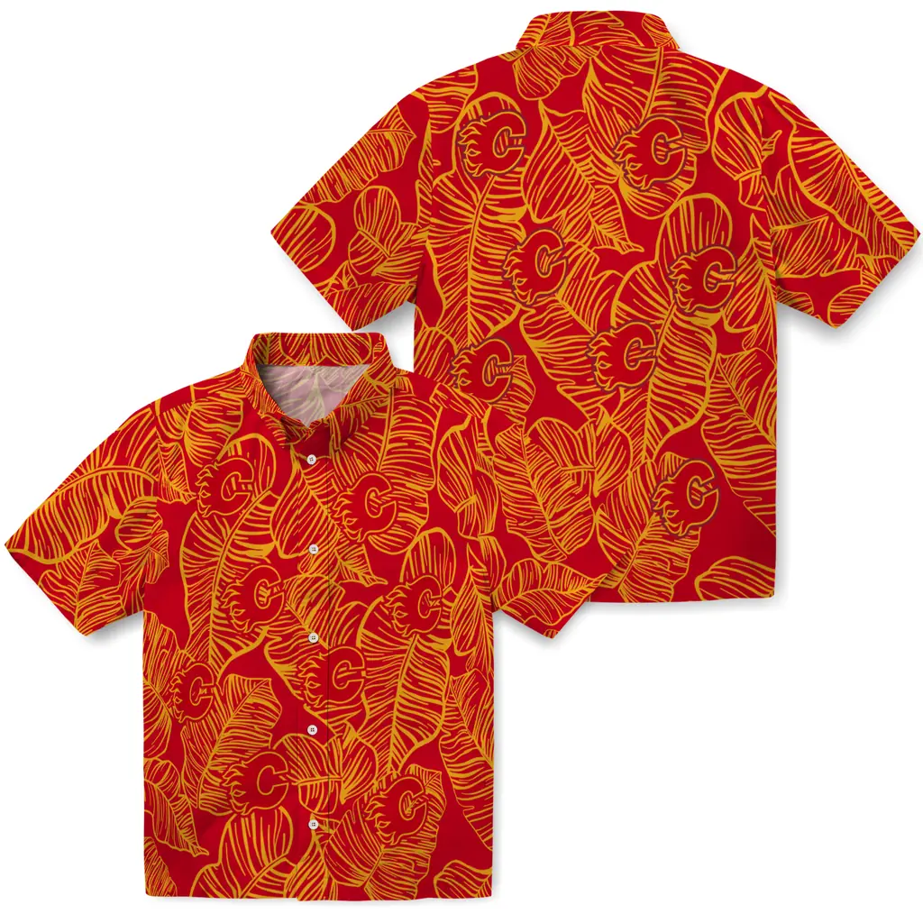 Calgary Flames Hawaiian Shirt - Leaf Outline calgary flames leaf outline red hawaiian shirts high quality