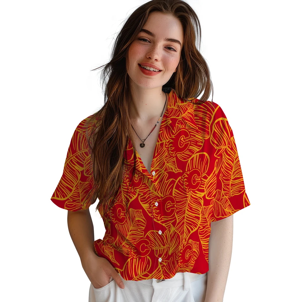 Calgary Flames Hawaiian Shirt - Leaf Outline calgary flames leaf outline red hawaiian shirts latest model