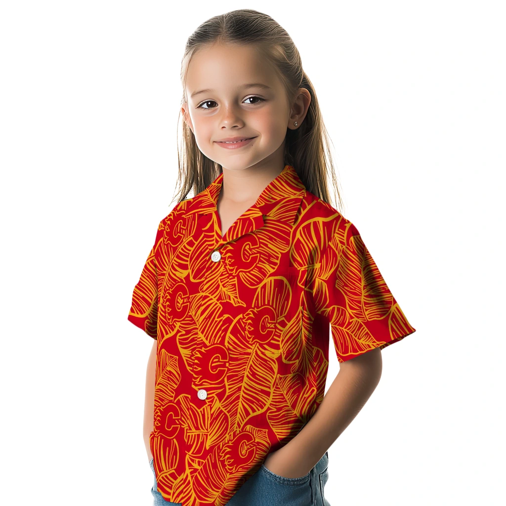 Calgary Flames Hawaiian Shirt - Leaf Outline calgary flames leaf outline red hawaiian shirts premium grade
