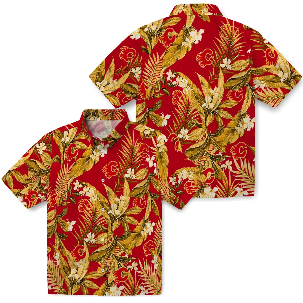 Calgary Flames Hawaiian Shirt - Palm Leaves calgary flames palm leaves red hawaiian shirts high quality