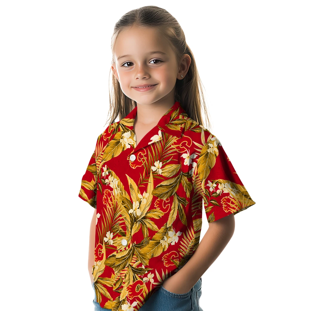 Calgary Flames Hawaiian Shirt - Palm Leaves calgary flames palm leaves red hawaiian shirts premium grade