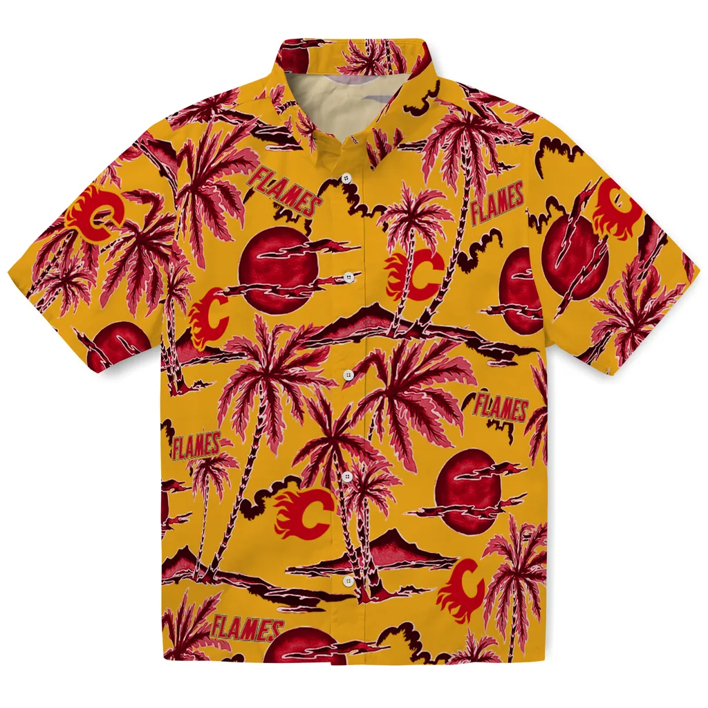 Calgary Flames Hawaiian Shirt - Palm Sunset calgary flames palm sunset hawaiian shirts best selling