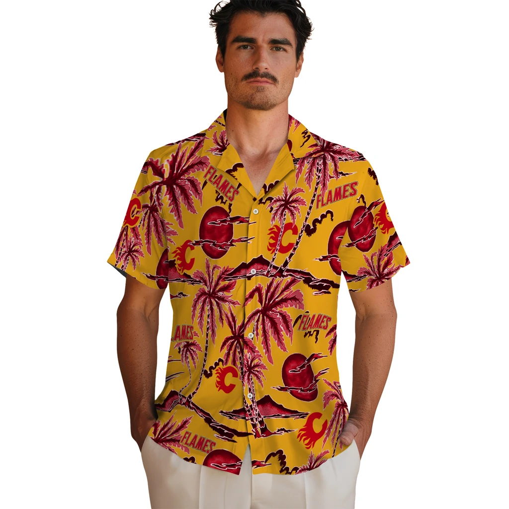 Calgary Flames Hawaiian Shirt - Palm Sunset calgary flames palm sunset hawaiian shirts fashion forward