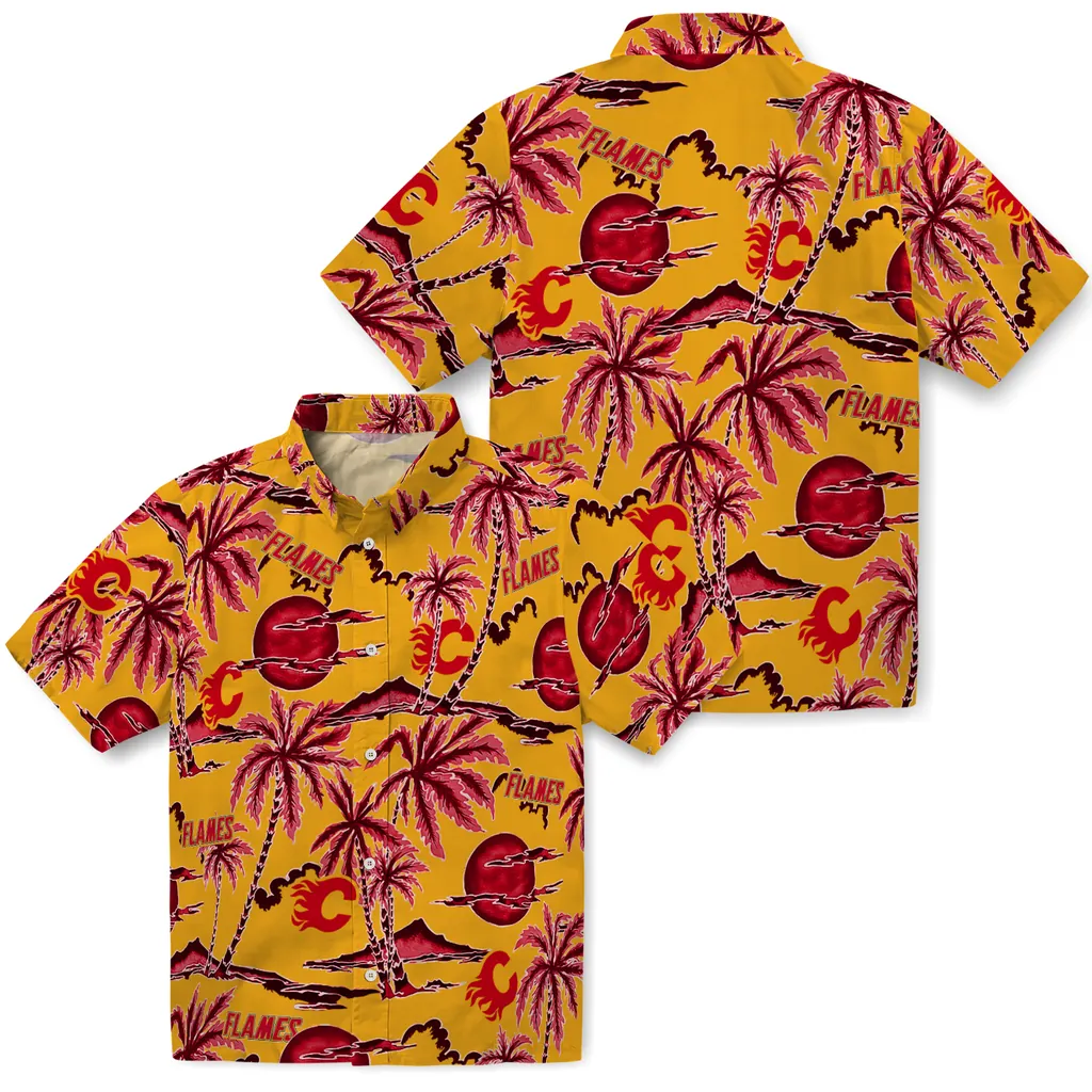 Calgary Flames Hawaiian Shirt - Palm Sunset calgary flames palm sunset hawaiian shirts high quality