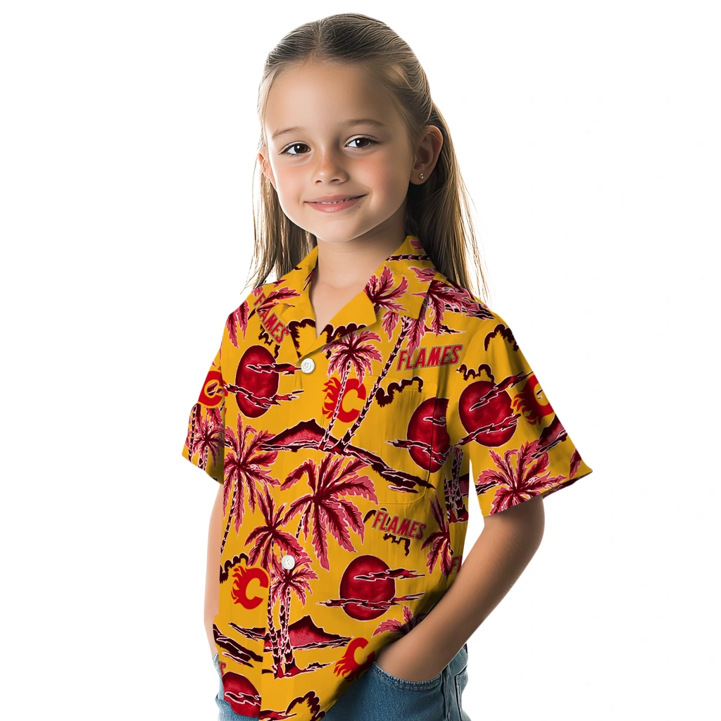 Calgary Flames Hawaiian Shirt - Palm Sunset calgary flames palm sunset hawaiian shirts premium grade