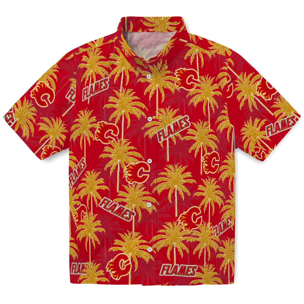 Calgary Flames Hawaiian Shirt - Palm Tree Motif calgary flames palm grove red hawaiian shirts best selling