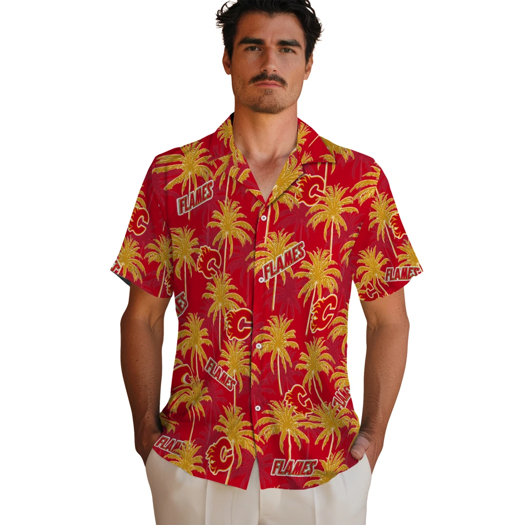 Calgary Flames Hawaiian Shirt - Palm Tree Motif calgary flames palm grove red hawaiian shirts fashion forward