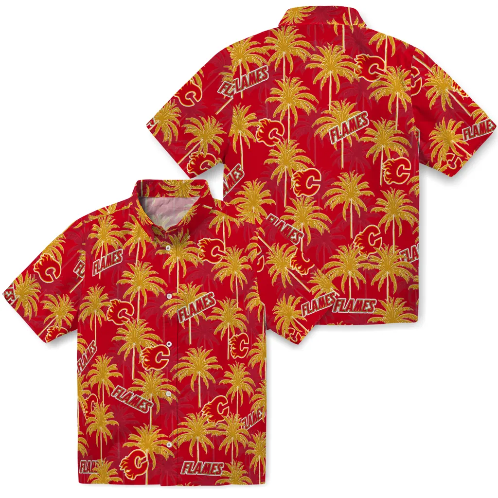 Calgary Flames Hawaiian Shirt - Palm Tree Motif calgary flames palm grove red hawaiian shirts high quality