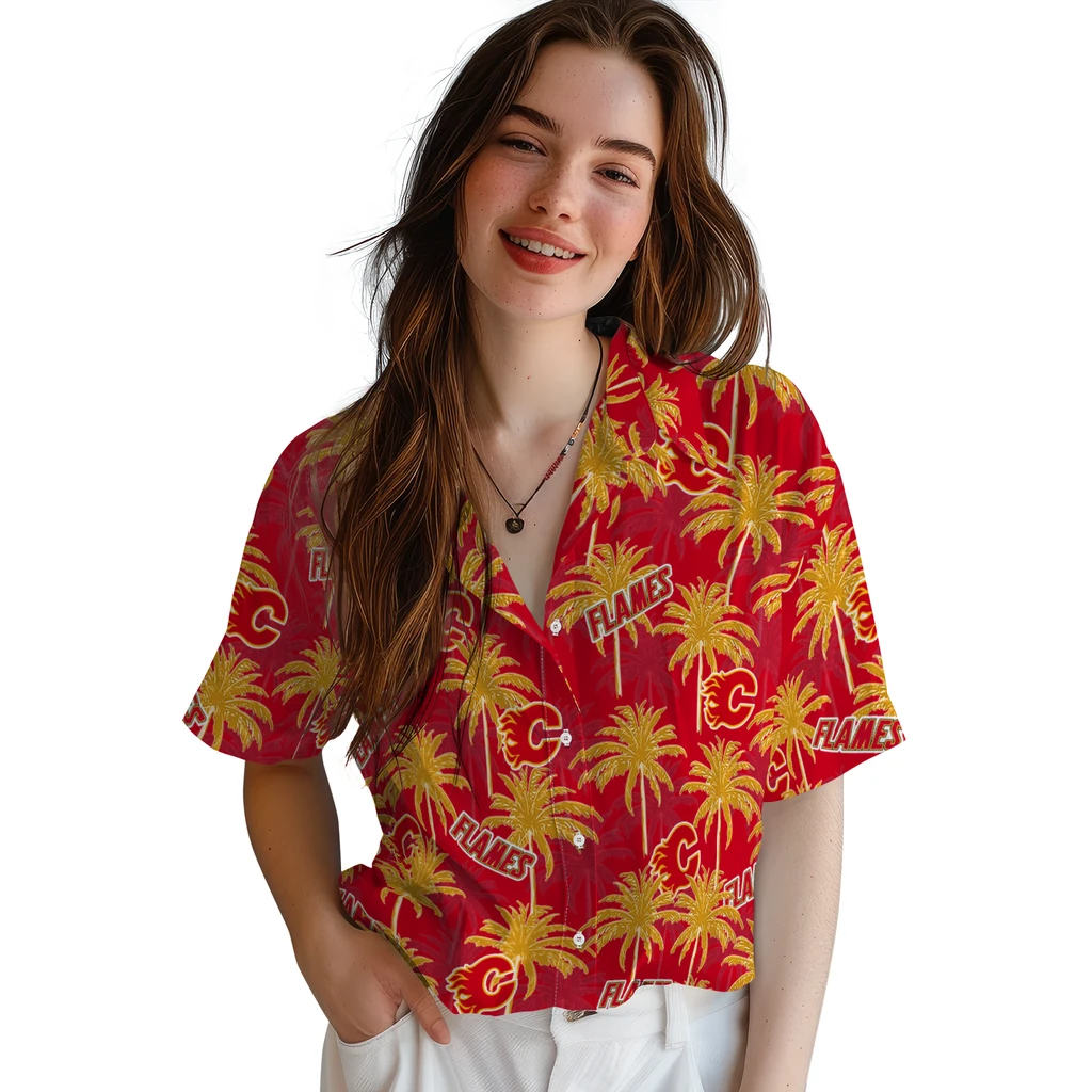Calgary Flames Hawaiian Shirt - Palm Tree Motif calgary flames palm grove red hawaiian shirts latest model