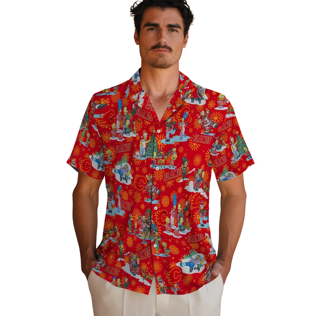 Calgary Flames Hawaiian Shirt - Simpsons Christmas calgary flames simpsons christmas red hawaiian shirts fashion forward