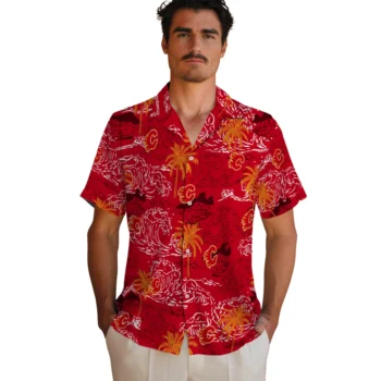 calgary flames wave palm red hawaiian shirts fashion forward
