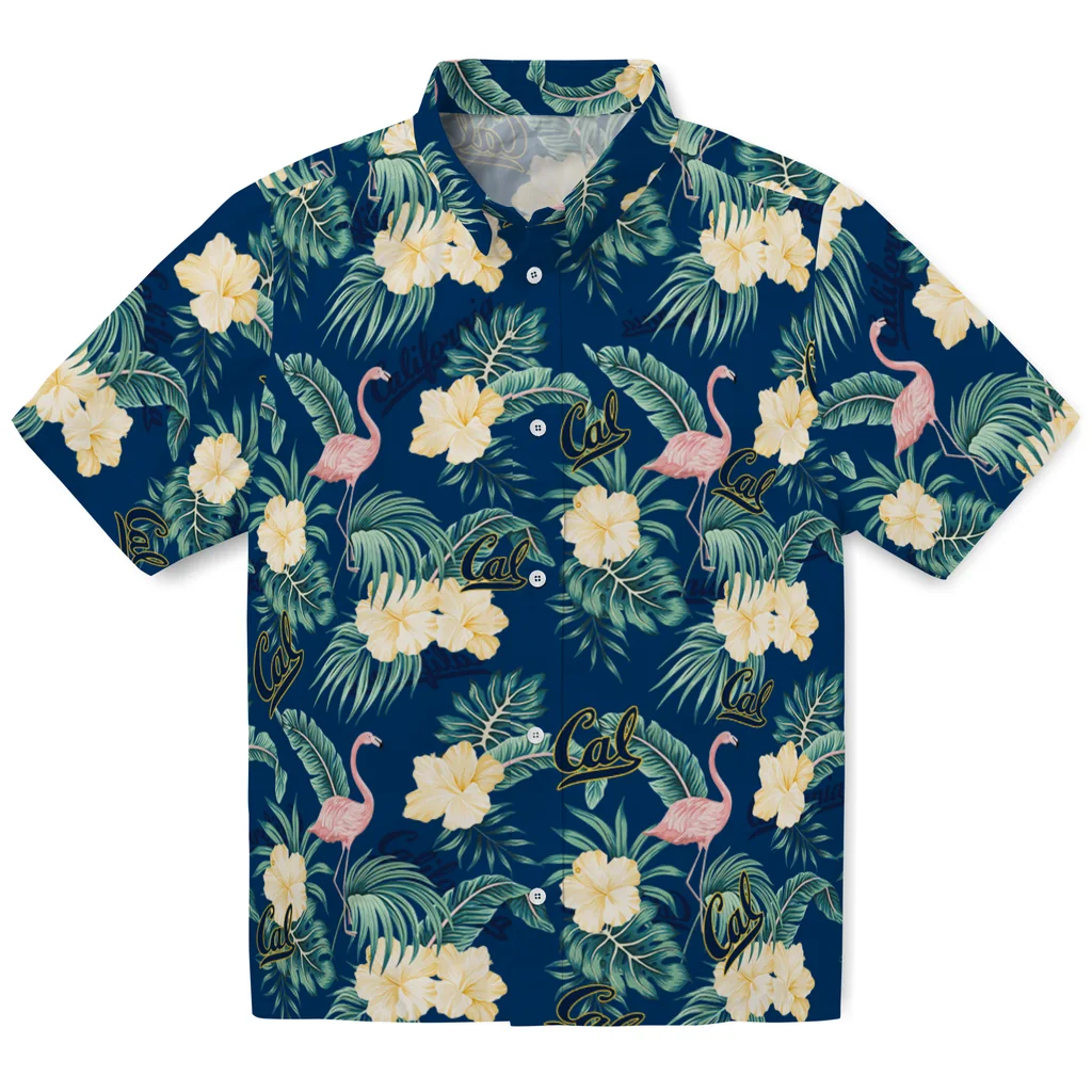 California Golden Bears Hawaiian Shirt - Flamingo and Hibiscus california golden bears flamingo palms blue hawaiian shirts best selling