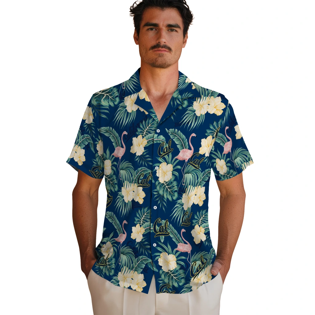 California Golden Bears Hawaiian Shirt - Flamingo and Hibiscus california golden bears flamingo palms blue hawaiian shirts fashion forward