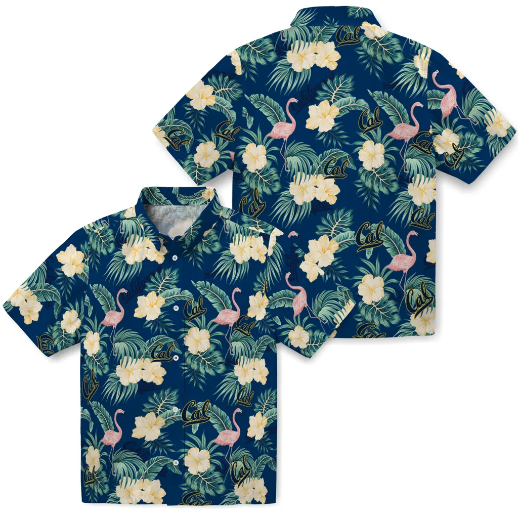 California Golden Bears Hawaiian Shirt - Flamingo and Hibiscus california golden bears flamingo palms blue hawaiian shirts high quality