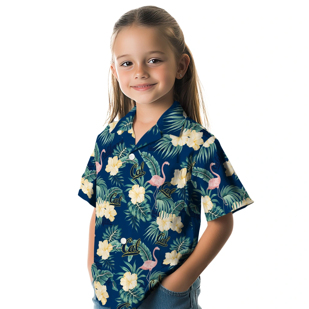 California Golden Bears Hawaiian Shirt - Flamingo and Hibiscus california golden bears flamingo palms blue hawaiian shirts premium grade