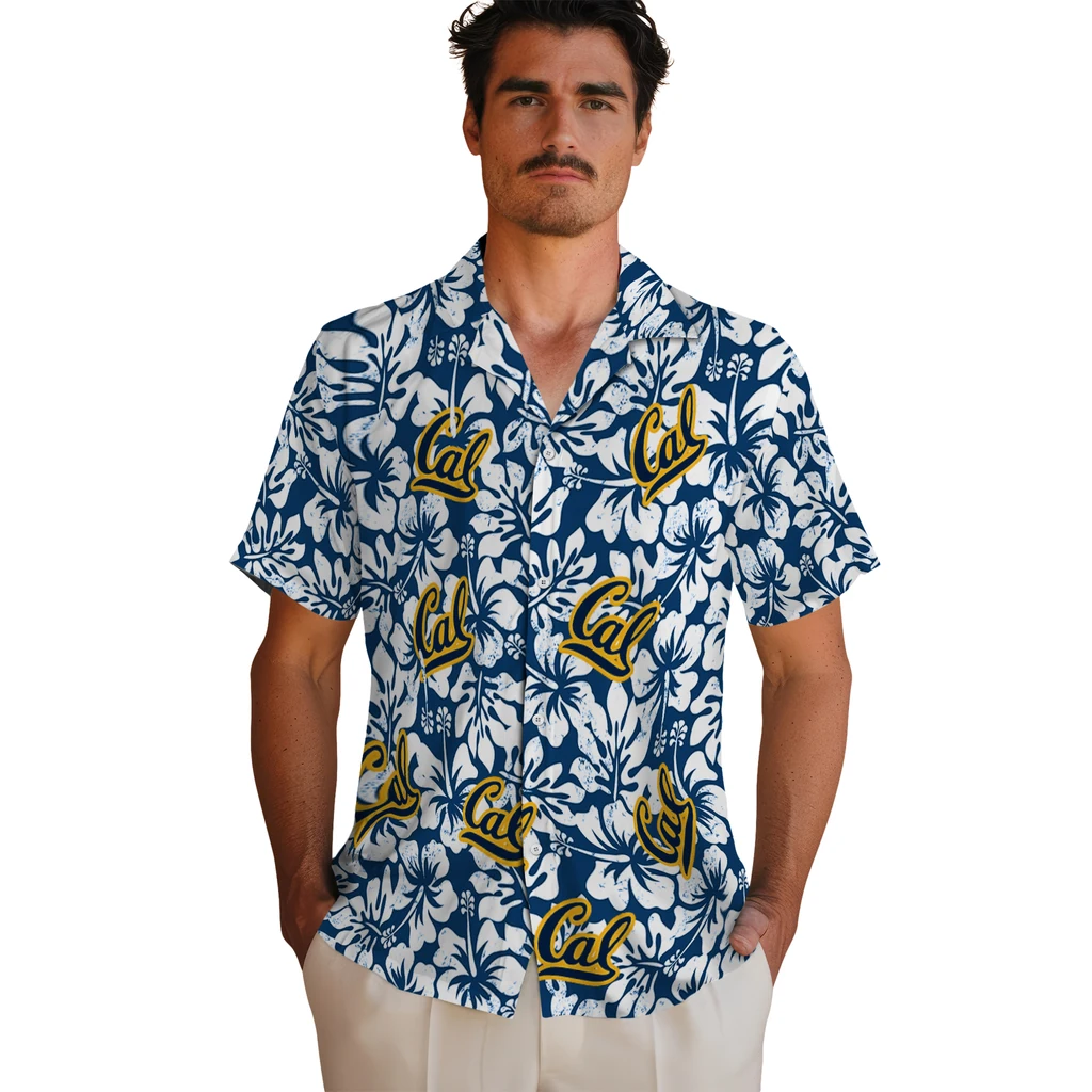California Golden Bears Hawaiian Shirt - Hibiscus Motif california golden bears hibiscus motif blue white hawaiian shirts fashion forward