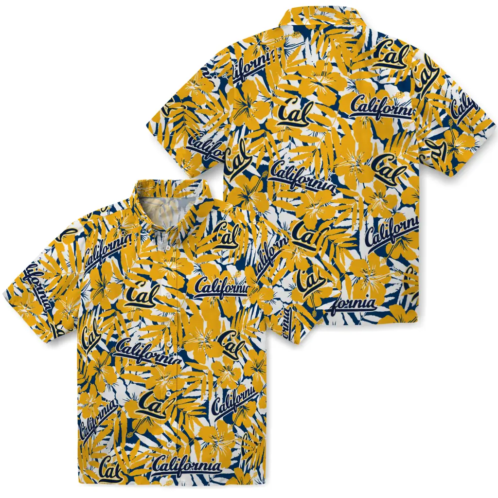 California Golden Bears Hawaiian Shirt - Hibiscus Overlay california golden bears hibiscus overlay hawaiian shirts high quality