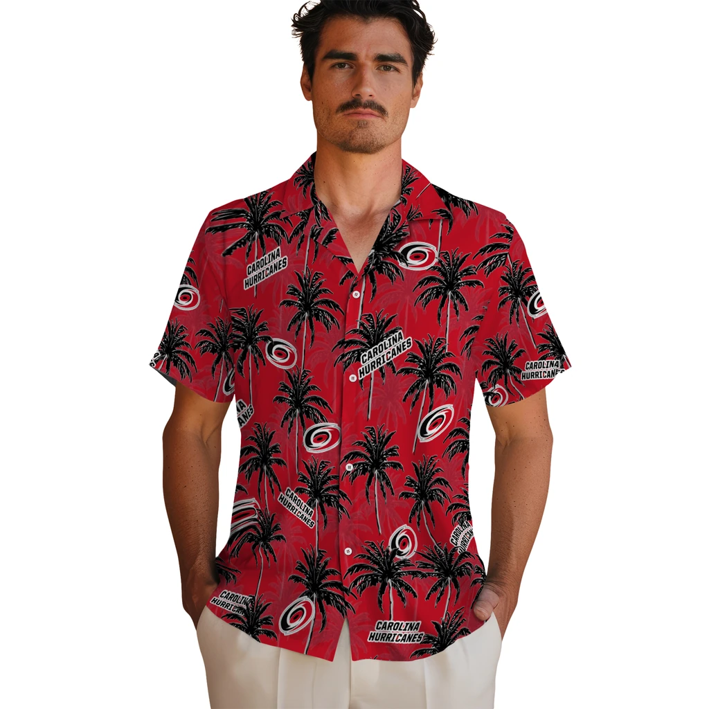 Carolina Hurricanes Hawaiian Shirt - Palm Tree Motif carolina hurricanes palm grove red hawaiian shirts fashion forward