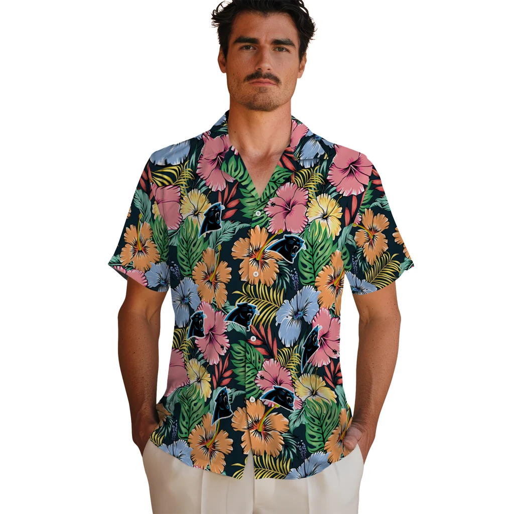 Carolina Panthers Hawaiian Shirt - Brilliant Hibiscus Garden carolina panthers brilliant hibiscus garden hawaiian shirts fashion forward
