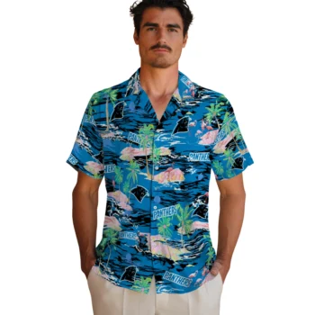 carolina panthers flamingo retreat blue hawaiian shirts fashion forward